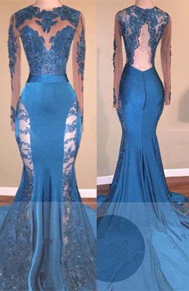 Long Sleevess Lace Appliques Open Back Brush Train Mermaid Prom Gowns High-Waist Maxi Skirt