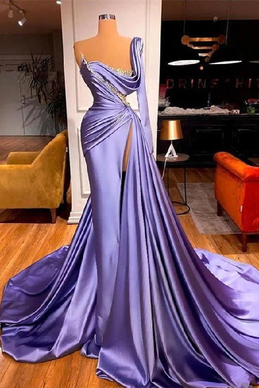 One Shoulder Long Sleeves Prom Dress Slit Mermaid Party Gowns Overskirt High-Waisted Maxi Skirt