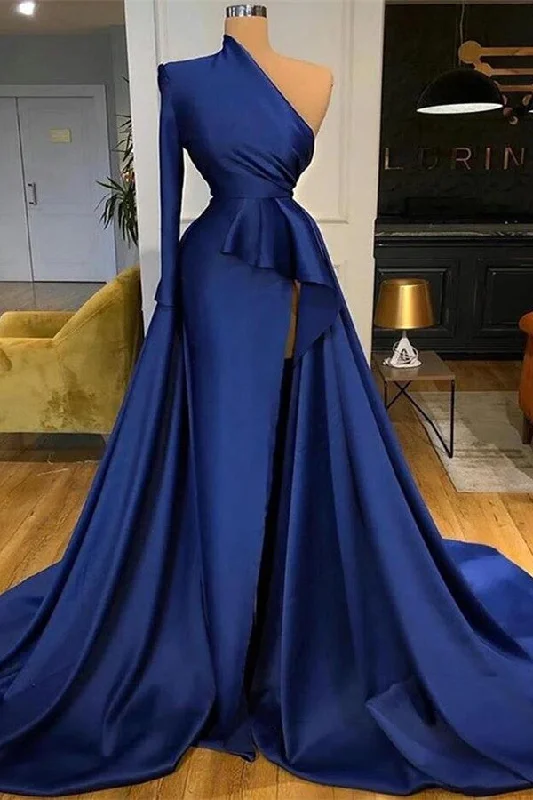 Royal Blue One Shoulder Long Sleeves Slit Prom Dress Overskirt Summer Maxi Skirt