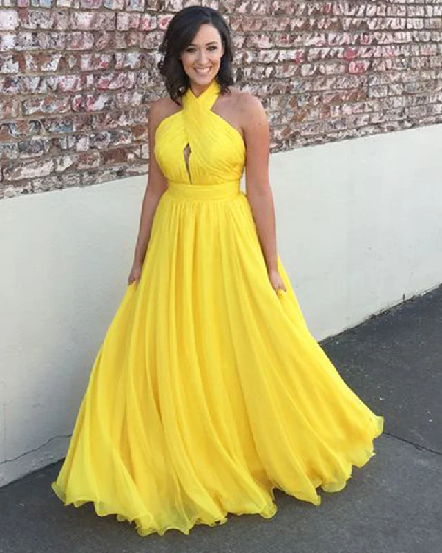 Stunning Women Halter Long Chiffon  Bright Yellow Formal Party Gowns Long PL10102 Trendy Maxi Skirt