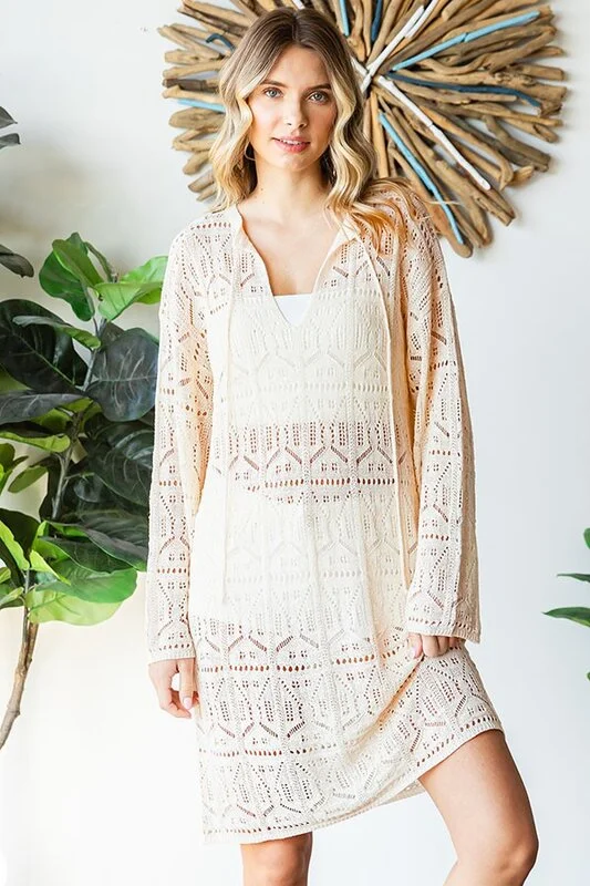 Tie-Keyhole Long Sleeve Crochet Knitted Cover Up Long Boho Skirt