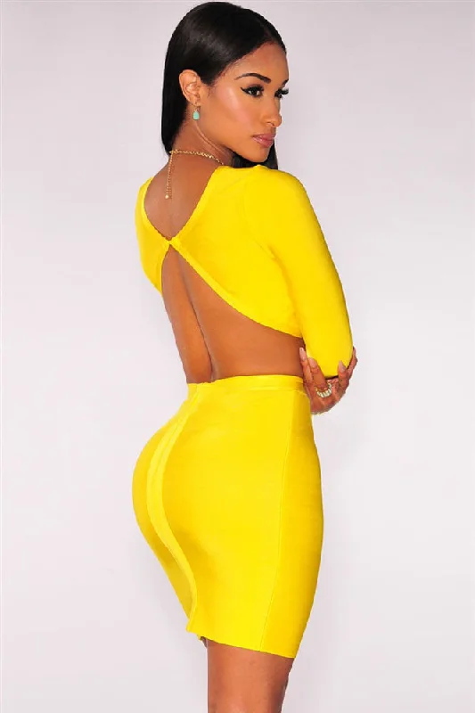 Yellow Open Back Long Sleeves Bandage Skirt Set Vintage Maxi Skirt