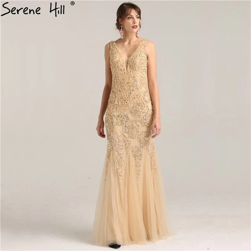 On Sale No Return No Refund Sale  Deep-V Luxury Sexy Mermaid Evening Gowns Crystal Beading Elegant Fashion Tulle Evening Dresses Real Photo LA6249 Tulle Dress Blush