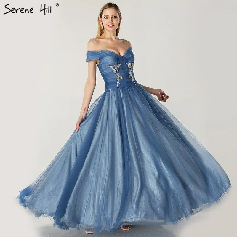 On Sale no return no refundSale Blue Off Shoulder Sexy Ball Gowns Evening Dresses 2024 Tulle Beading Crystal Sleeveless Evening Gowns Serene Hill LA6678 Tulle Dress Silhouette