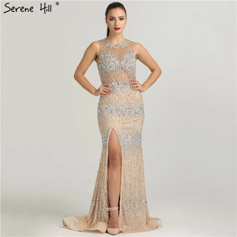 Dubai Designer Sleeveless Sexy Tulle Evening Dresses Beading Crystal Mermaid Sparkle LA6277 Tulle Dress Fluffy