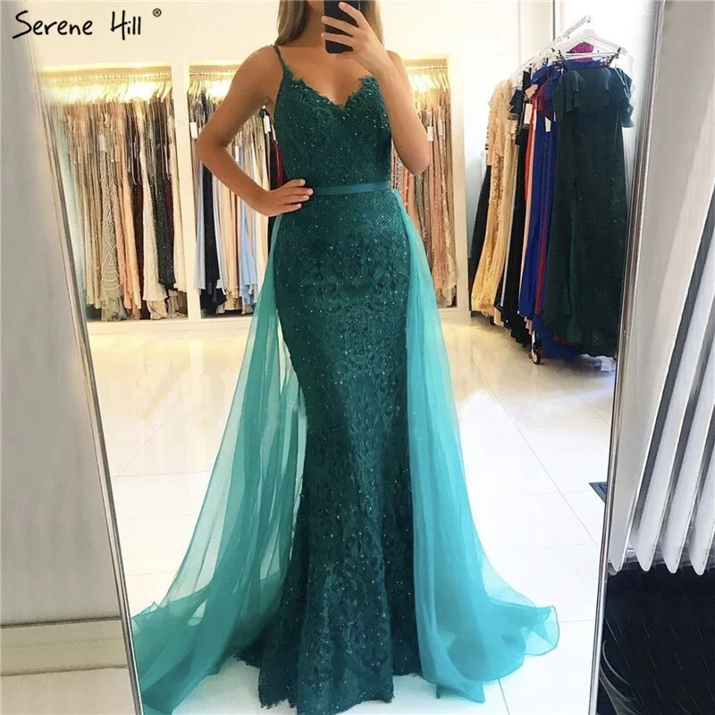 Green Sling Lace Beading Mermaid Evening Dresses 2024 Sexy Sleeveless V-Neck Tulle Formal Dress Real Photo LA70064 Tulle Dress Perfect