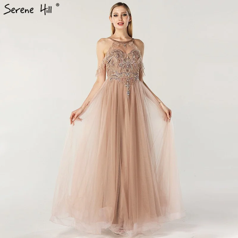 On Sale No Return No Refund Sale Latest Design O-Neck Beading Diamonds Evening Dresses 2024 Off Shoulder Sexy Tulle Evening Gowns Serene Hill LA6533 Fluffy Tulle Dress