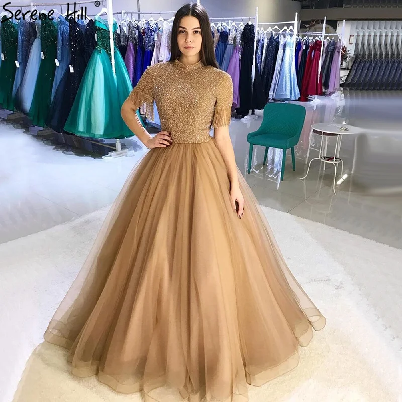 Sale Nude Crystall  A-Line High Neck Tulle Evening Dresses 2024  Beading Tassel Formal Dress Design Serene Hill LA70490 Tulle Dress Glow