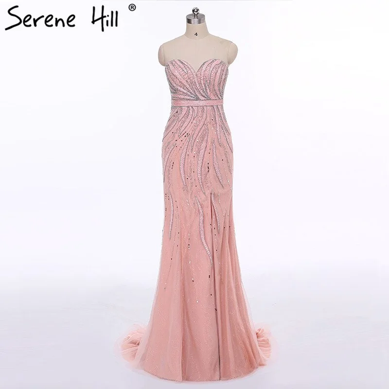 On Sale no return no refundSale Pink Strapless Fashion Mermaid Sexy Evening Dress Long Fulle Beading Elegant Tulle Evening Dress 2024 Serene Hill LA6389 Glitter Tulle Dress