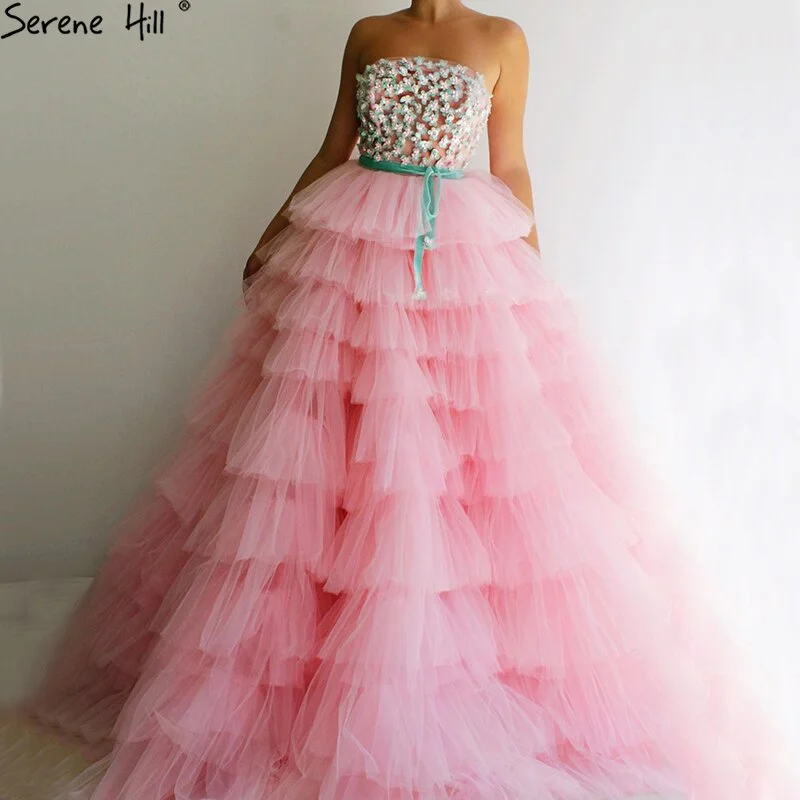 Serene Hill Pink A-Line Sexy Evening Dresses 2024 Sleeveless Beading Tiered Tulle Formal Dress Design LA70701 Tulle Wedding Gown