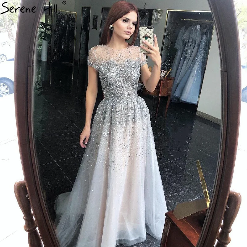 Serene Hill Silver A-Line Tulle Evening Dresses 2024 Dubai Short Sleeves Beading Formal Dress Design LA70715 Stylish Tulle Gown