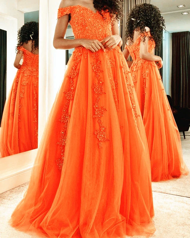 A Line Sweetheart Prom Dresses Tulle Appliques Tulle Dress Glam