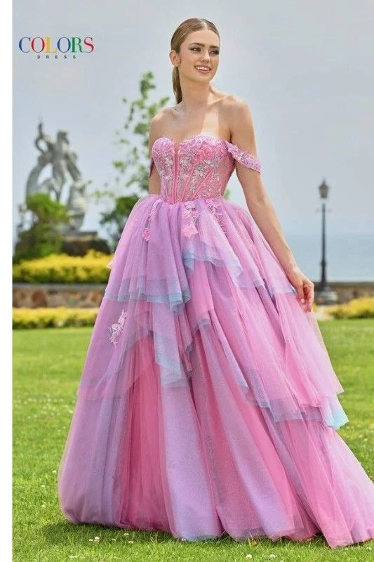 Colors Dress -3534 Off Shoulder Embroidered Tulle Ball Gown Tulle Dress Trend