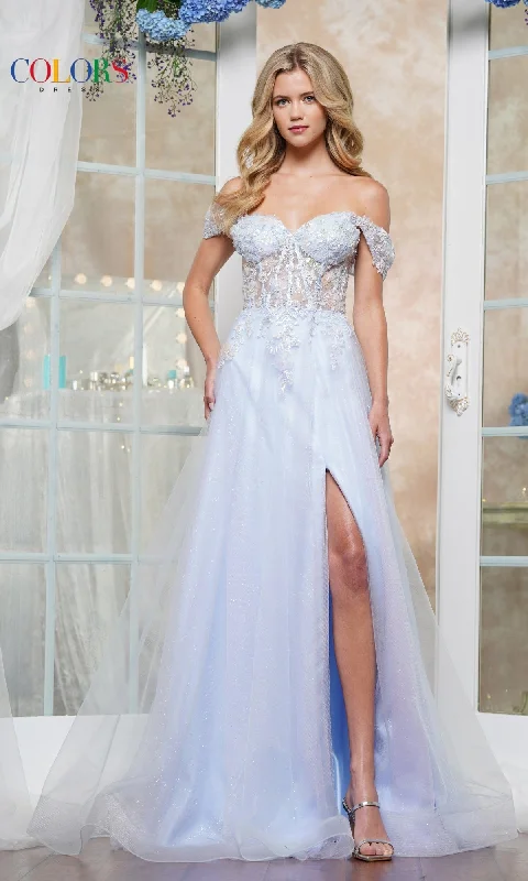 Off-Shoulder Glitter Tulle Prom Ball Gown: Colors Dress 3498 Ruffled Tulle Gown