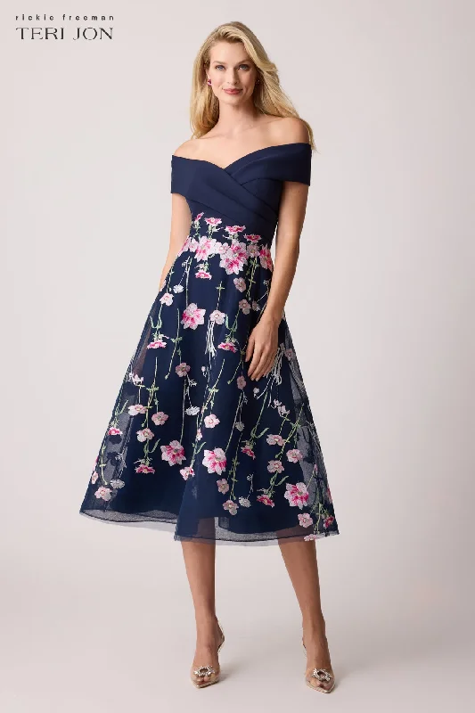 Crepe Off The Shoulder Embroidered Tulle Dress Tulle Dress Shine