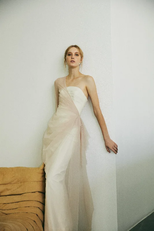 Draped Asymmetrical Tulle Gown over Strapless Dress Party Tulle Dress