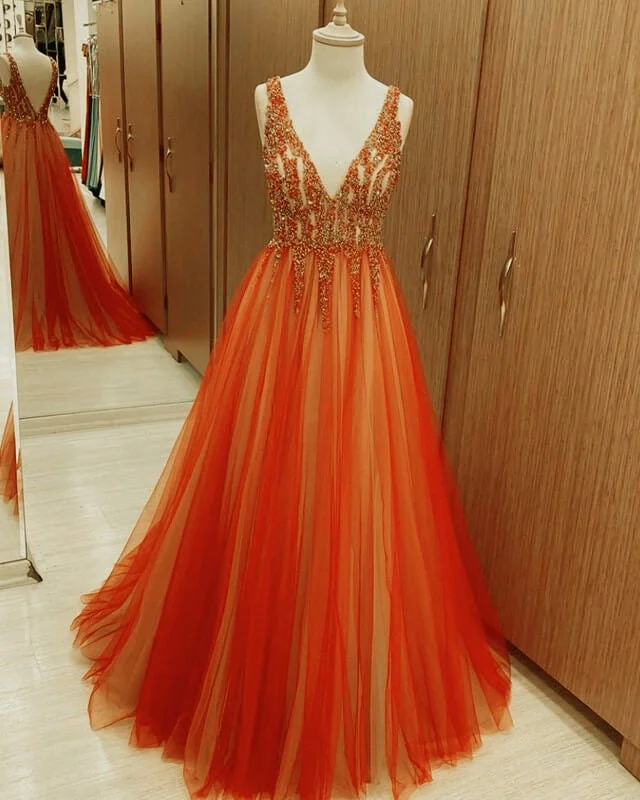 Orange Tulle Ball Gown Beaded V-neck Tulle Dress Sparkling