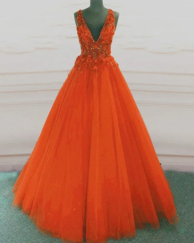 Tulle V Neck Orange Ball Gown Prom Dresses Lace Tulle Dress