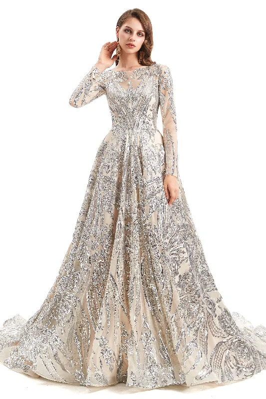 A-line Round Lace Sequined Floor-length Long Sleeve Open Back Prom Dress Lush Sequin Dress