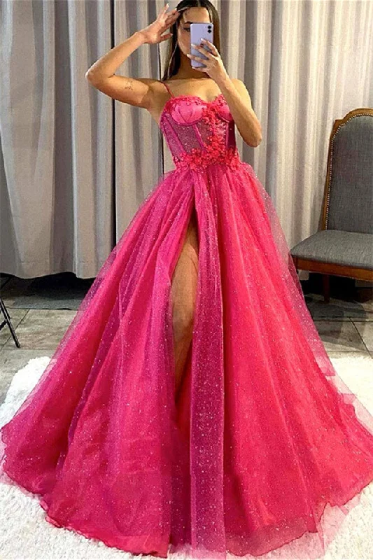 A-line Sweetheart Spaghetti strap Sequined Appliques Lace Sleeveless Floor-length Prom Dress Sequin Dress Sparkle