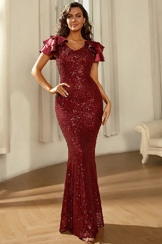 Burgundy Sequin Cap Sleeve Mermaid Formal Evening Dress Glitter Sequin Dress