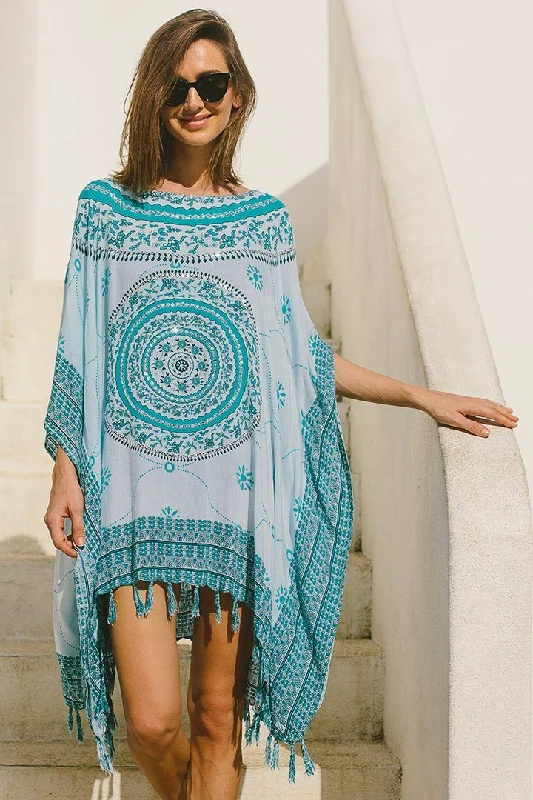 SHU-SHI Women's Short Poncho Beach Dress - Ethnic Mandala Cover-Up Kaftan with V-Neck and Sequins High Neck Sequin