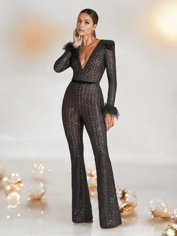 Feather Long Sleeve Sequin Crochet Jumpsuit Black Long Sleeve Sequin