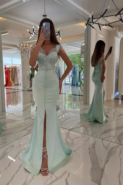 Gorgeous Mint Sequins Prom Dress Straps Long Mermaid Holiday Dress With Slit Strapless Sequin Dress