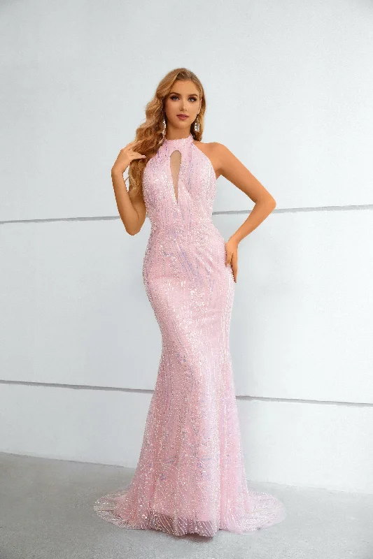 Mermaid High Neck Lace Sequined Floor-length Sleeveless Backless Prom Dress Long Sleeve Sequin