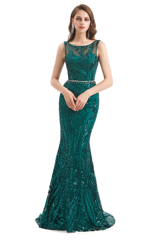 Mermaid Round Beaded Sleeveless Lace Sequined Floor-length Open Back Prom Dress Party Sequin Dress