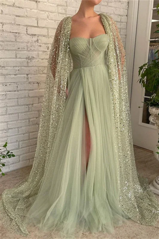 Mermaid Strapless Lace Sequined Floor-length Sleeveless With Shawl High Split Prom Dress Sequin Dress Allure