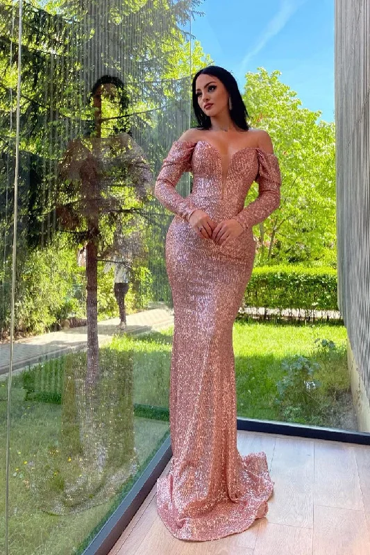 Mermaid Sweetheart Strapless Sequined Floor-length Long Sleeve Elegant Prom Dress Sequin Party Dress