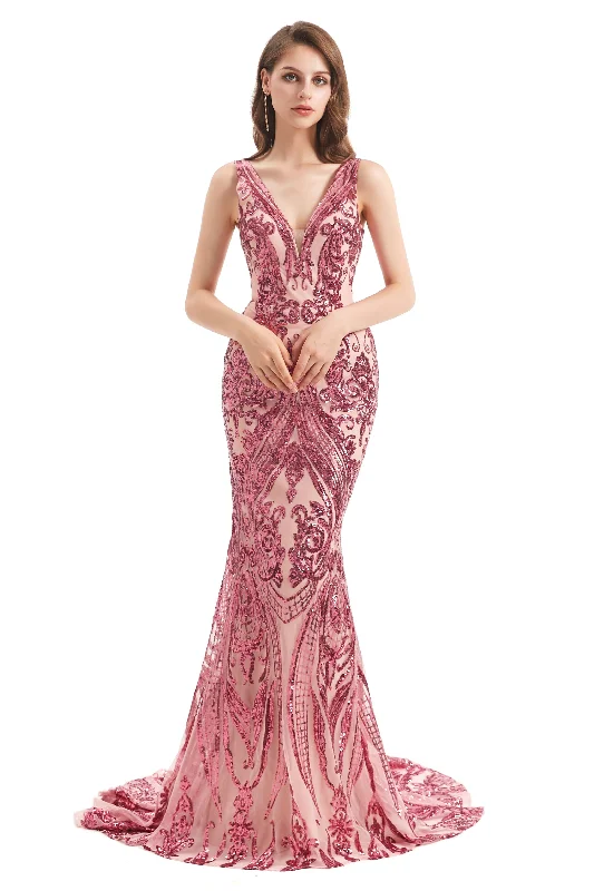 Mermaid V-neck Lace Sequined Floor-length Sleeveless Open Back Prom Dress Pink Sequin Gown