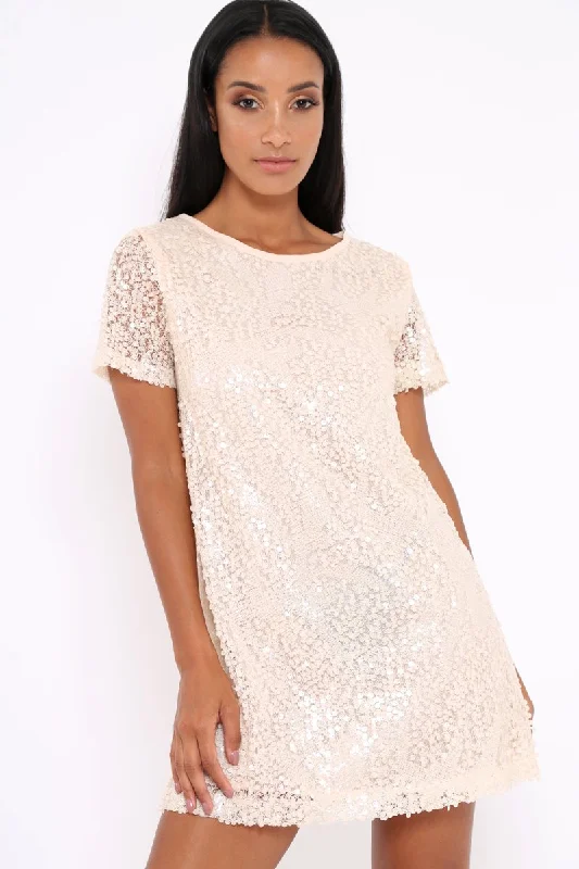 Nude Sequin Oversized Shift Dress - Lilly Flared Sequin Dress