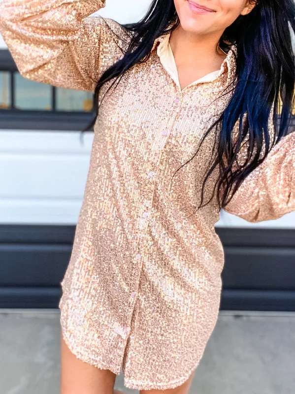 Roxi Short Sequin Shirt Dress- Cream Blue Sequin Dress