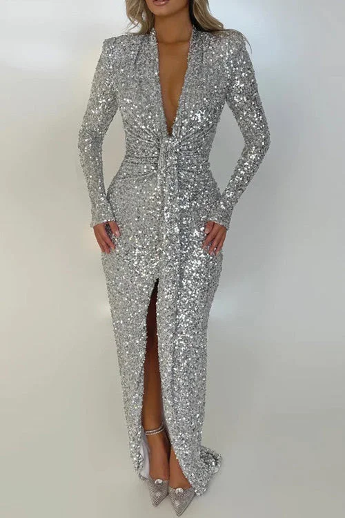 Sexy Silver Sequins Long Sleeve Plunging Prom Evening Dress Sequin Dress Casual