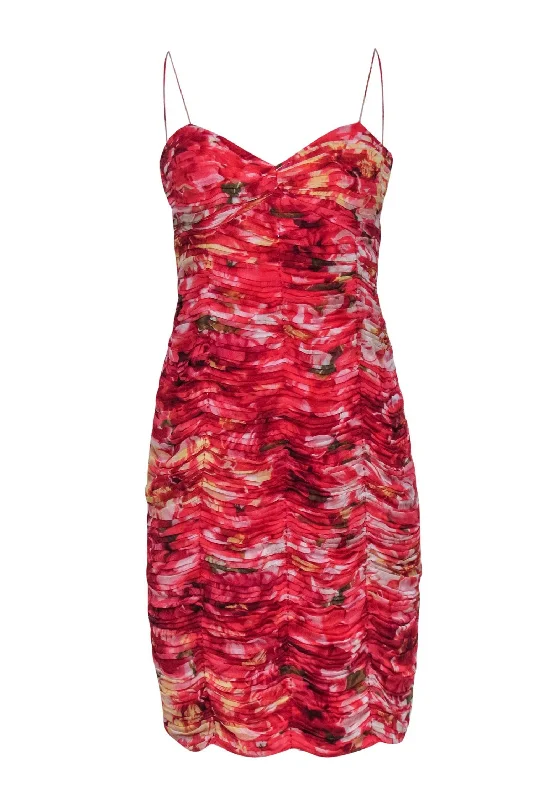 Alberto Makali - Red Floral Print Ruched Bodycon Dress Sz 10 Sleek Bodycon Dress