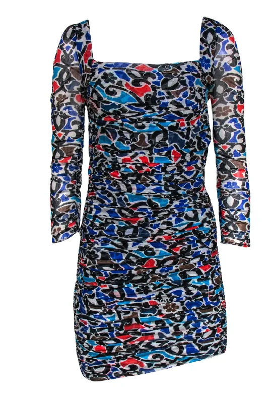 Diane von Furstenberg - Multicolor Abstract Floral Print Ruched Silk Bodycon Dress Sz 4 Elegant Slim Bodycon