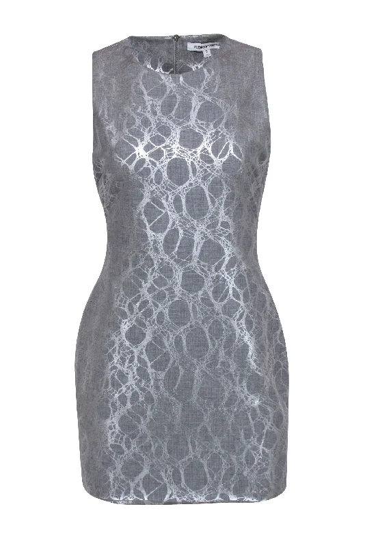 Elizabeth & James - Grey Bodycon Cocktail Dress w/ Silver Metallic Abstract Print Sz 8 Elegant Bodycon Fit