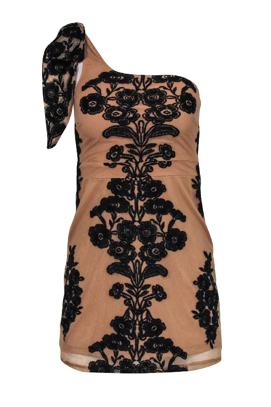 For Love & Lemons - Tan & Black Embroidered One-Shoulder Bodycon Dress Sz XS Glam Bodycon Dress