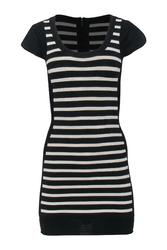 French Connection - Black & White Striped Cap Sleeve Bodycon Dress Sz 2 Sweetheart Bodycon Dress