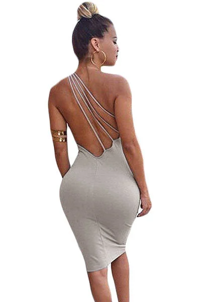 Grey One Shoulder Strappy Back Bodycon Party Dress Flirty Bodycon Dress