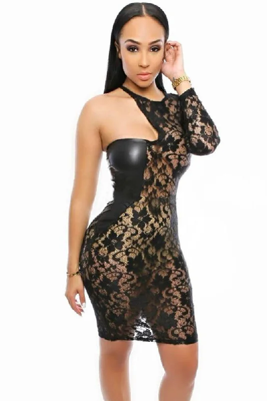 Leatherette Insert One Sleeve Sassy Lace Club Bodycon Dress Off-shoulder Bodycon Dress