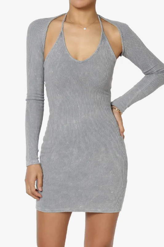 Lyndon Washed Ribbed Bodycon Dress with Shrug Trendy Bodycon Gown