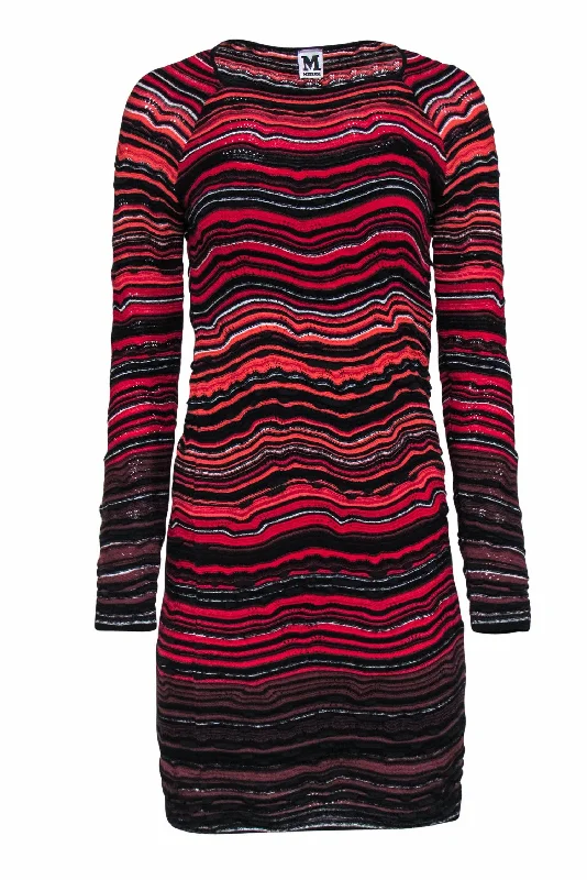 M Missoni - Red, Black & Coral Long Sleeve Knit Bodycon Dress Sz 6 Mesh Bodycon Gown