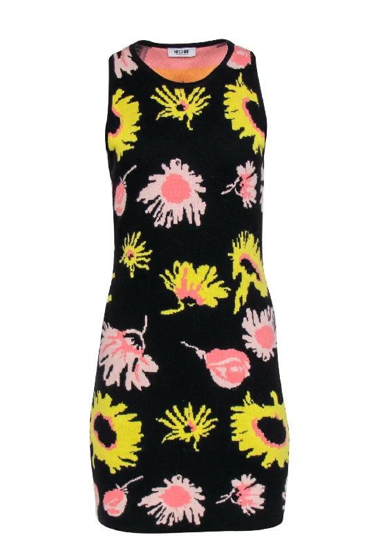 Moschino - Black, Pink, & Yellow Floral Knit Bodycon Dress Sz 6 Luxe Bodycon Dress