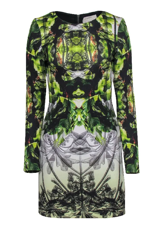 Nicole Miller - Black & Green Floral Print Long Sleeve Bodycon Dress Sz 6 Bodycon Party Dress