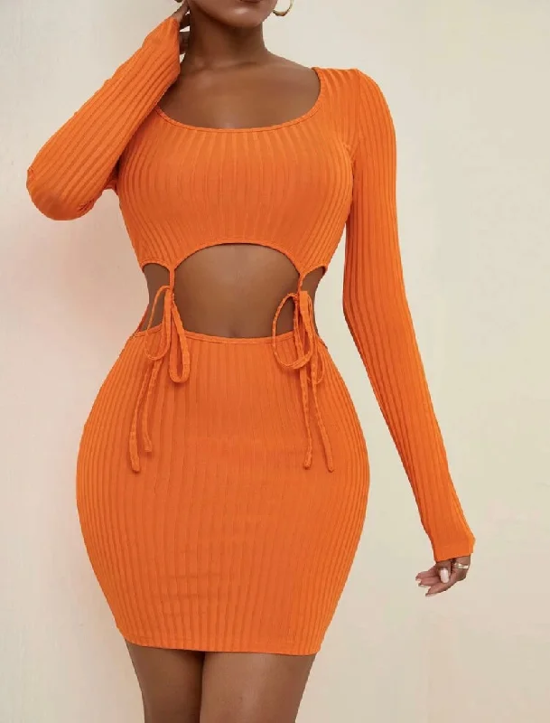 SOFIA ORANGE CUT OUT KNOT SCOOP NECK BODYCON DRESS Colorblock Bodycon Dress