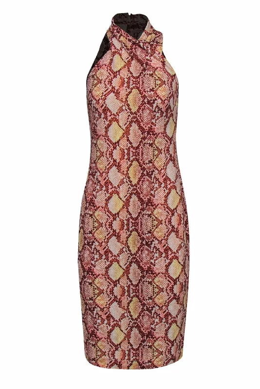 Rachel Rachel Roy - Pink Snakeskin Print Bodycon Dress w/ Draped Neckline Sz S Bodycon Cocktail Dress