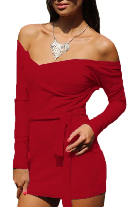 Red Off Shoulder Bodycon Club Dress with Self-tie Bodycon Wrap Dress